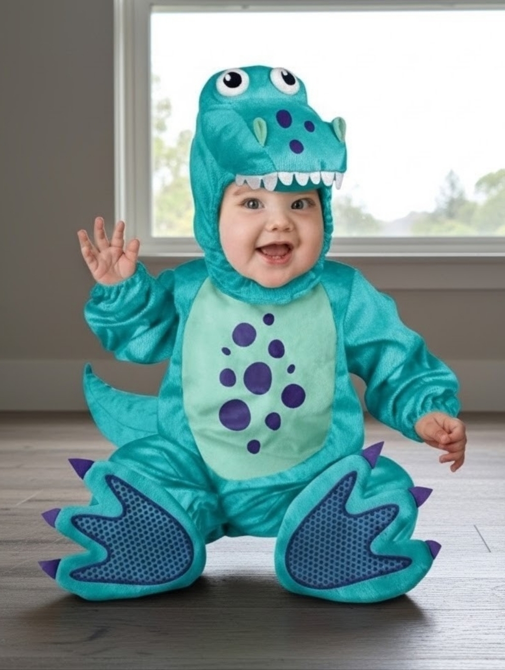 Roaringly Cute Not-So-Spooky Baby Teal T Rex Dinosaur Costume with Purple Spots